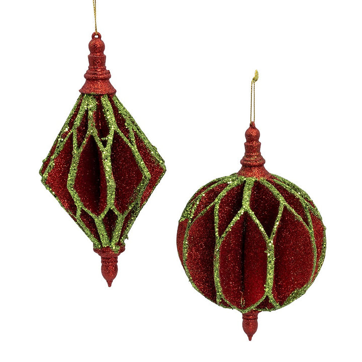 6.8-7.7" Red & Green Glitter Ball Ornament, 2 Assorted #D4591