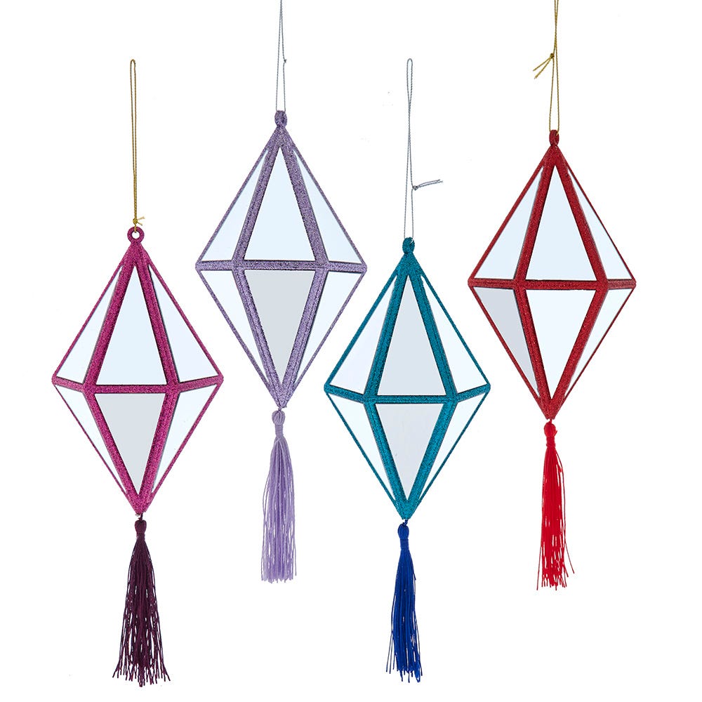 6.5" Diamond Mirror with Tassel Ornament, 4 Assorted D4617