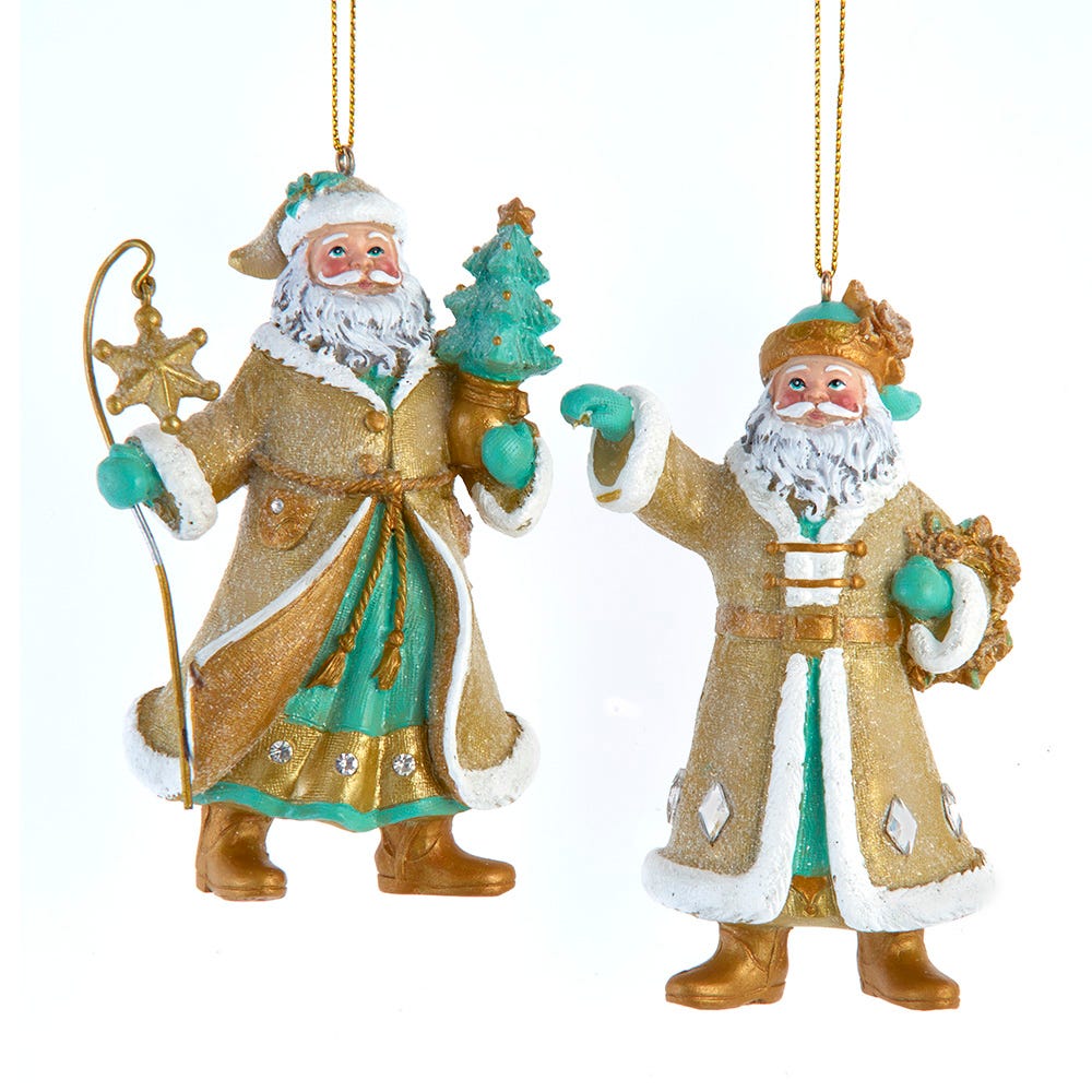 4" Aqua & Gold Santa Ornament, 2 Assorted D4643
