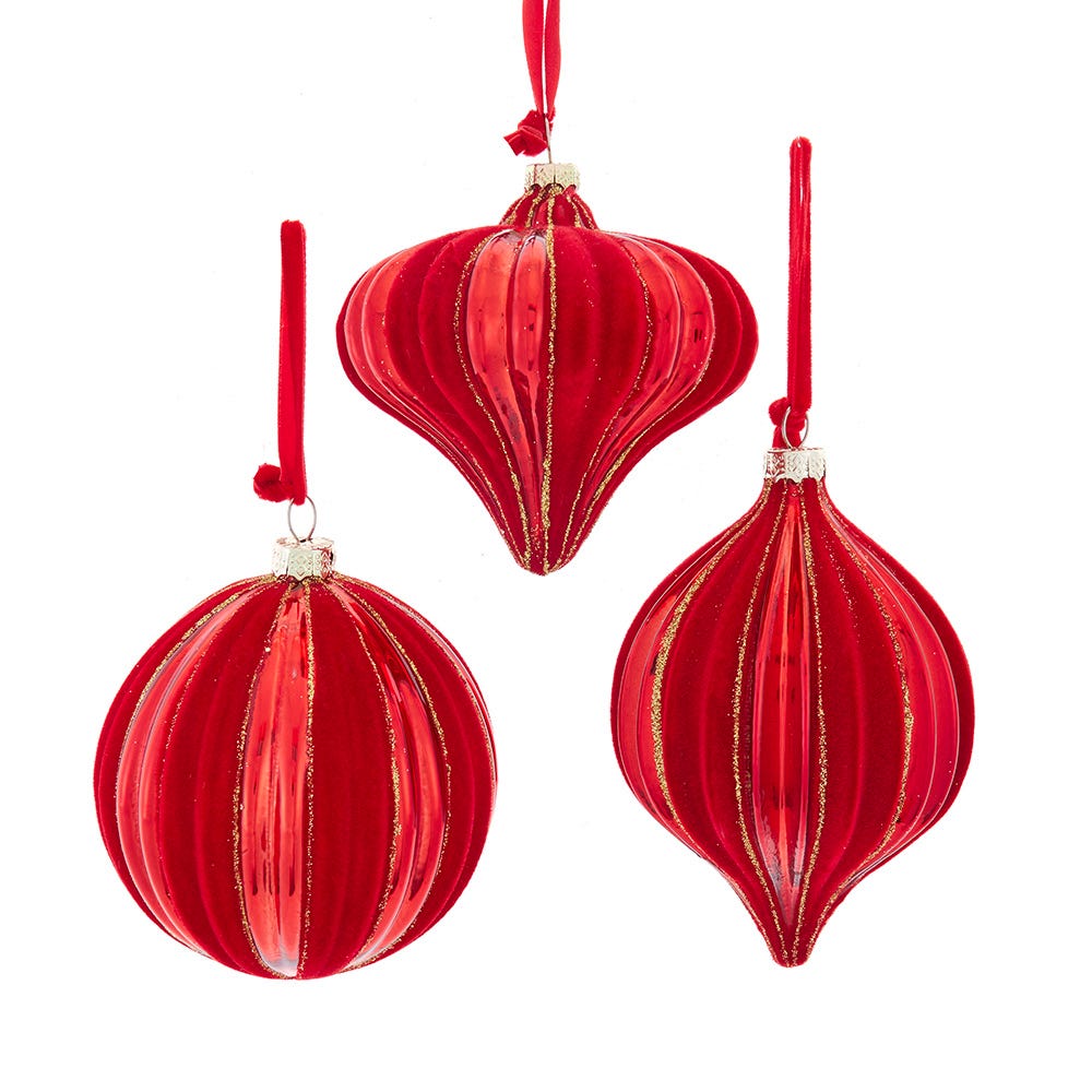 100mm Red Flock Gold Glitter Ornament, 3 Assorted D4744