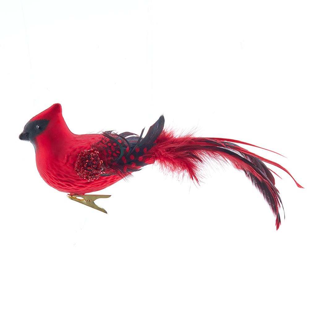 9" Glass Red Cardinal Bird Clip Ornament D4750