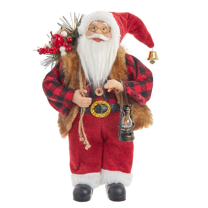 Kurt Adler 12-Inch Standing Christmas Santa with Plaid Shirt, Sack and Lantern D4775