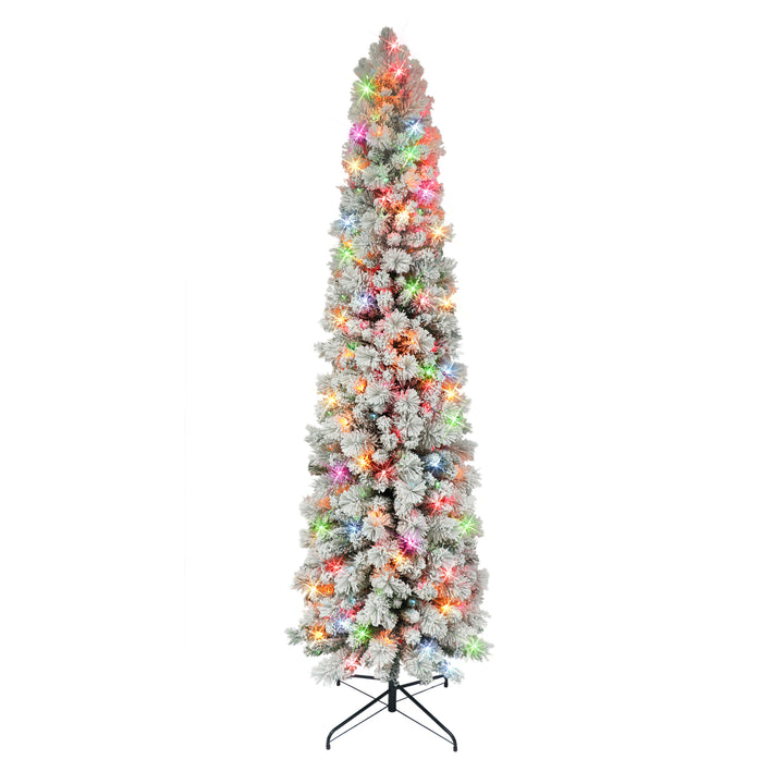 6.5 ft Pre-lit Flocked Portland Pine Pencil Artificial Christmas Tree with 300 UL Multi-Color Lights Metal Stand Green TFP8305A-65M3