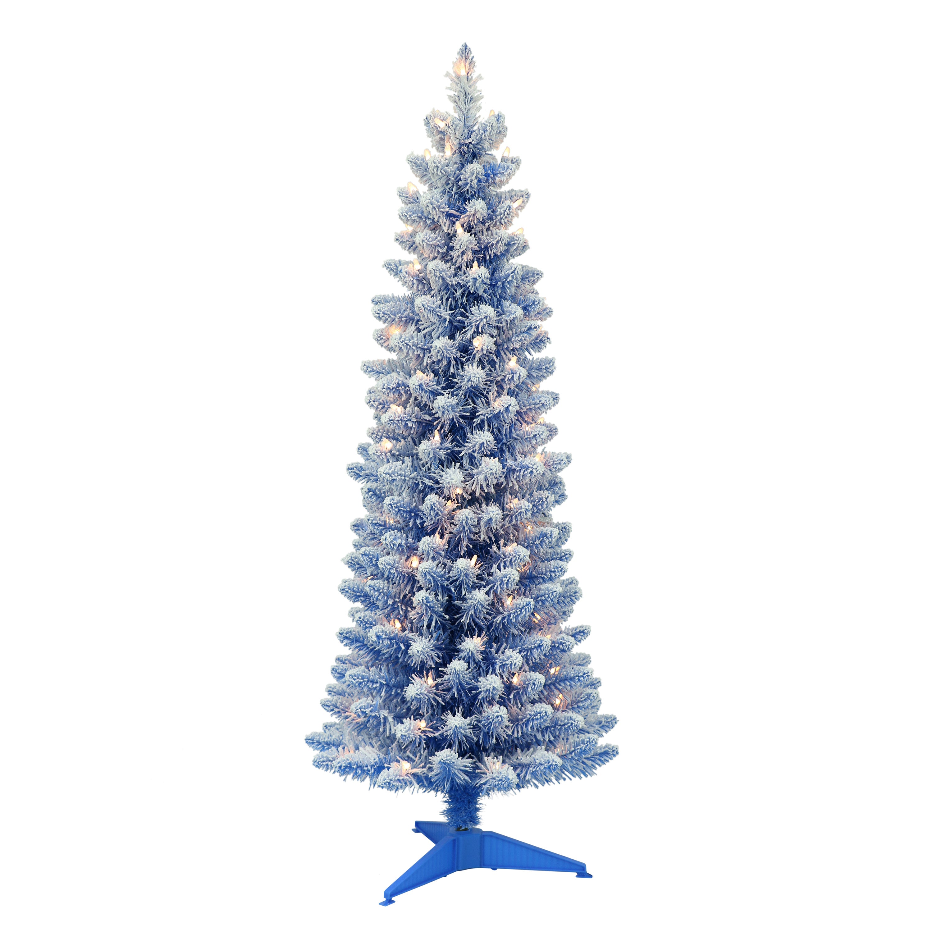 4.5 ft Pre-Lit Flocked Fashion Blue Pencil Artificial Christmas Tree with 100 UL Clear Lights Metal Stand TPF9612A-45C1-BL