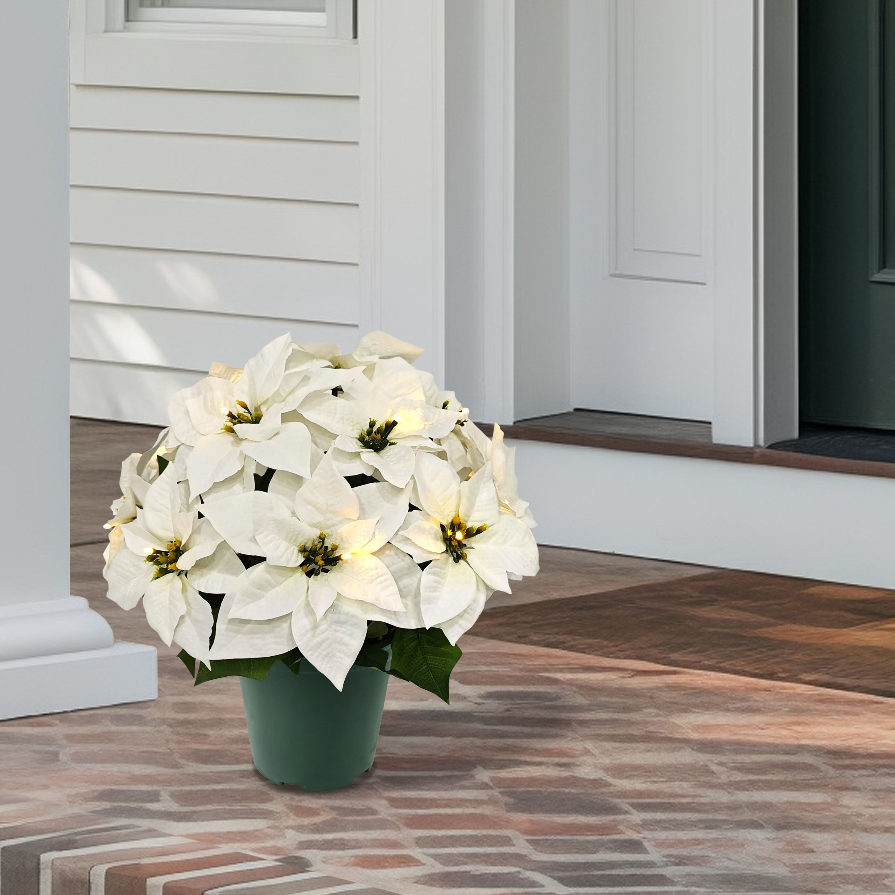 19" Pre-Lit Battery-Operated Potted White Poinsettias