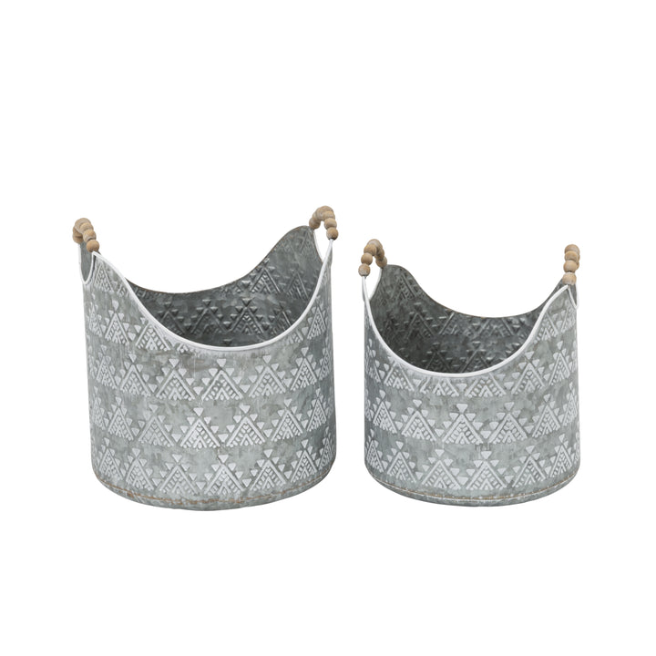 Set of 2 Rustic Metal Buckets with Wood Bead Handles 2627920EC