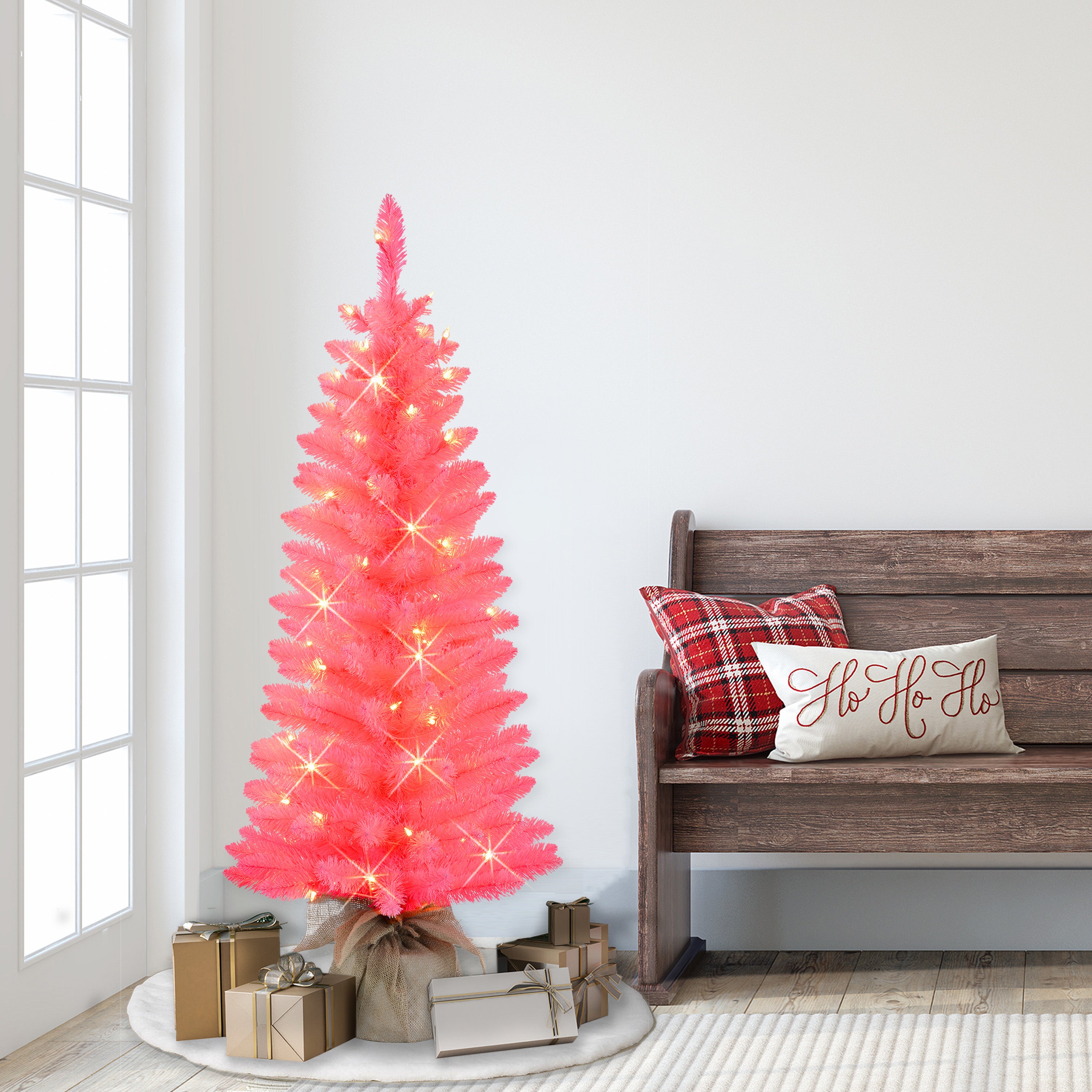 4ft Pre-Lit Pink Tree in Burlap Sac