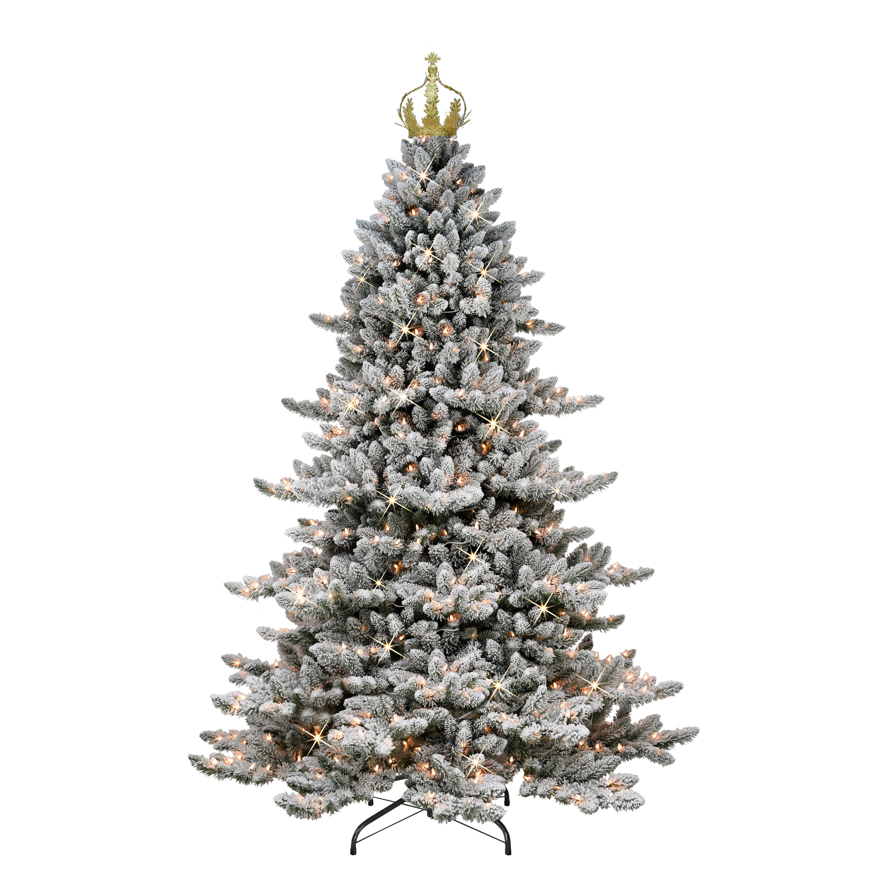 7.5 ft Pre-lit Flocked Royal Majestic Spruce Artificial Christmas Tree with 700 UL Clear Lights Gold Crown Treetop Metal Stand Green RMSFGCPA-75C7