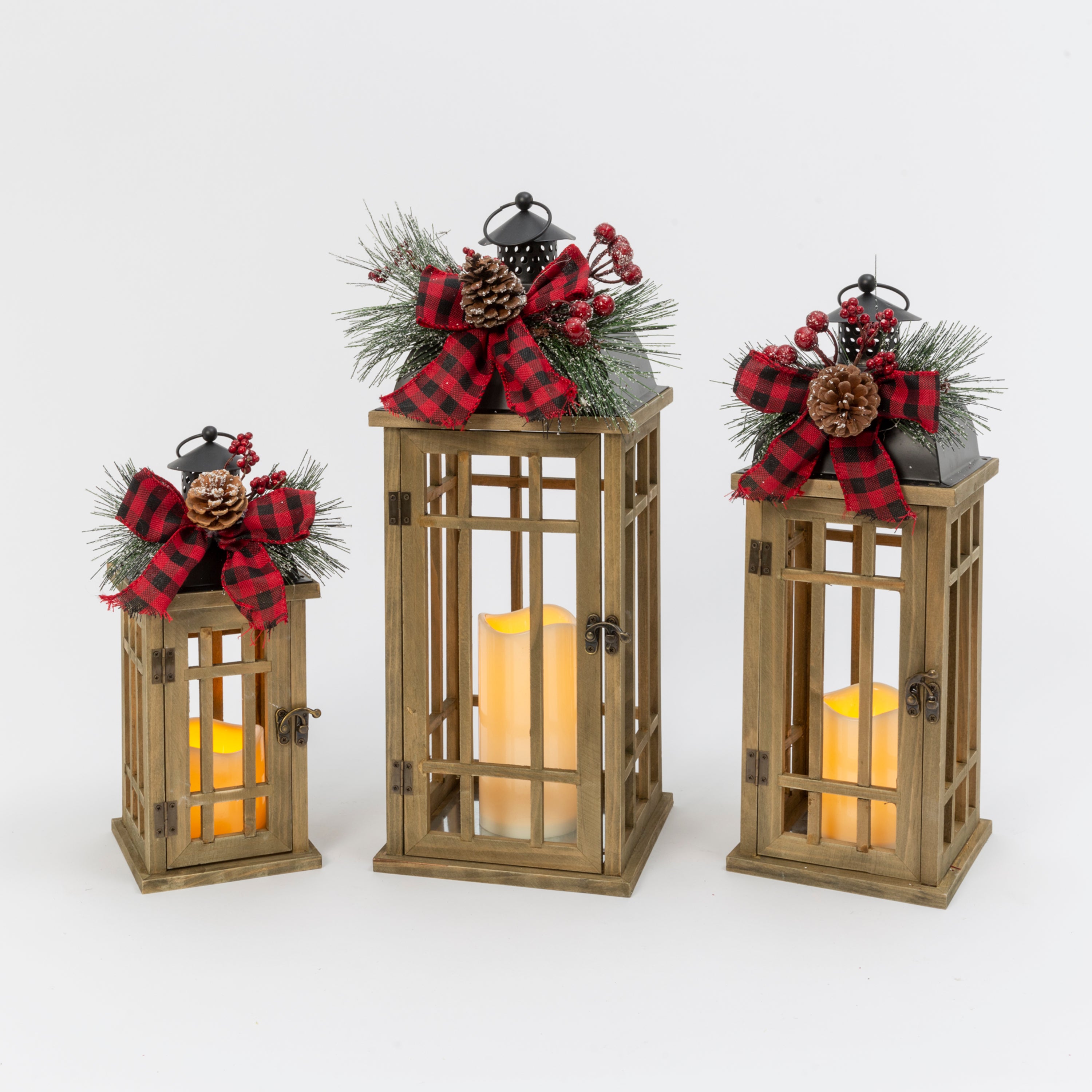 Polished Battery Operated Lighted Metal and Wood Holiday Lanterns with LED Candle 2601440EC