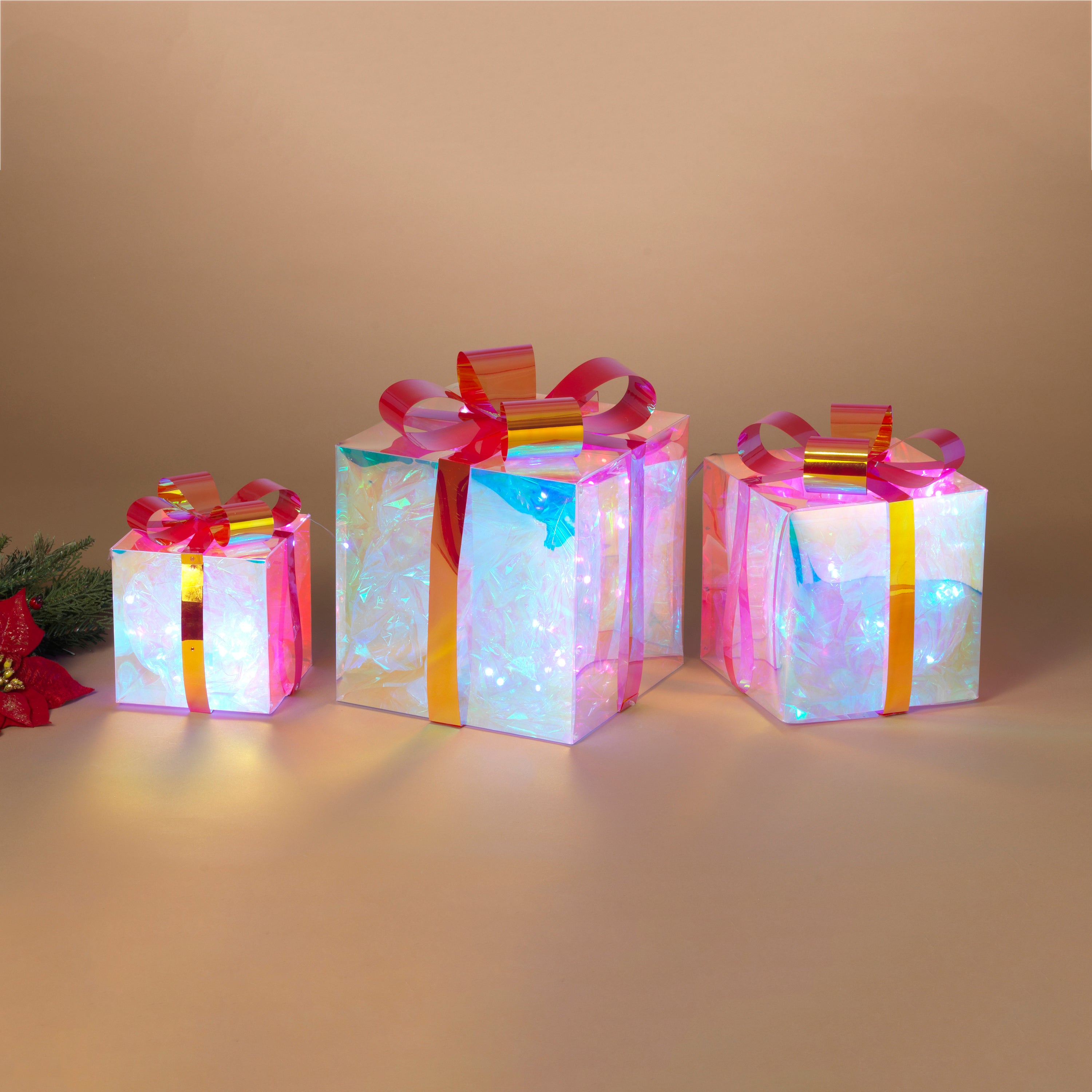 Vintage inspired 3 Piece USB Electric RGB Lighted Holographic Holiday Gift Boxes 2738770EC