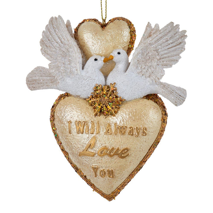 4" Ivory & Gold Heart Doves Ornament #E0847