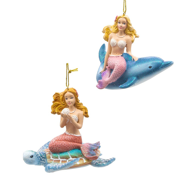 4" Mermaid with Dolphin & Turtle Ornament, 2 Assorted #E0877