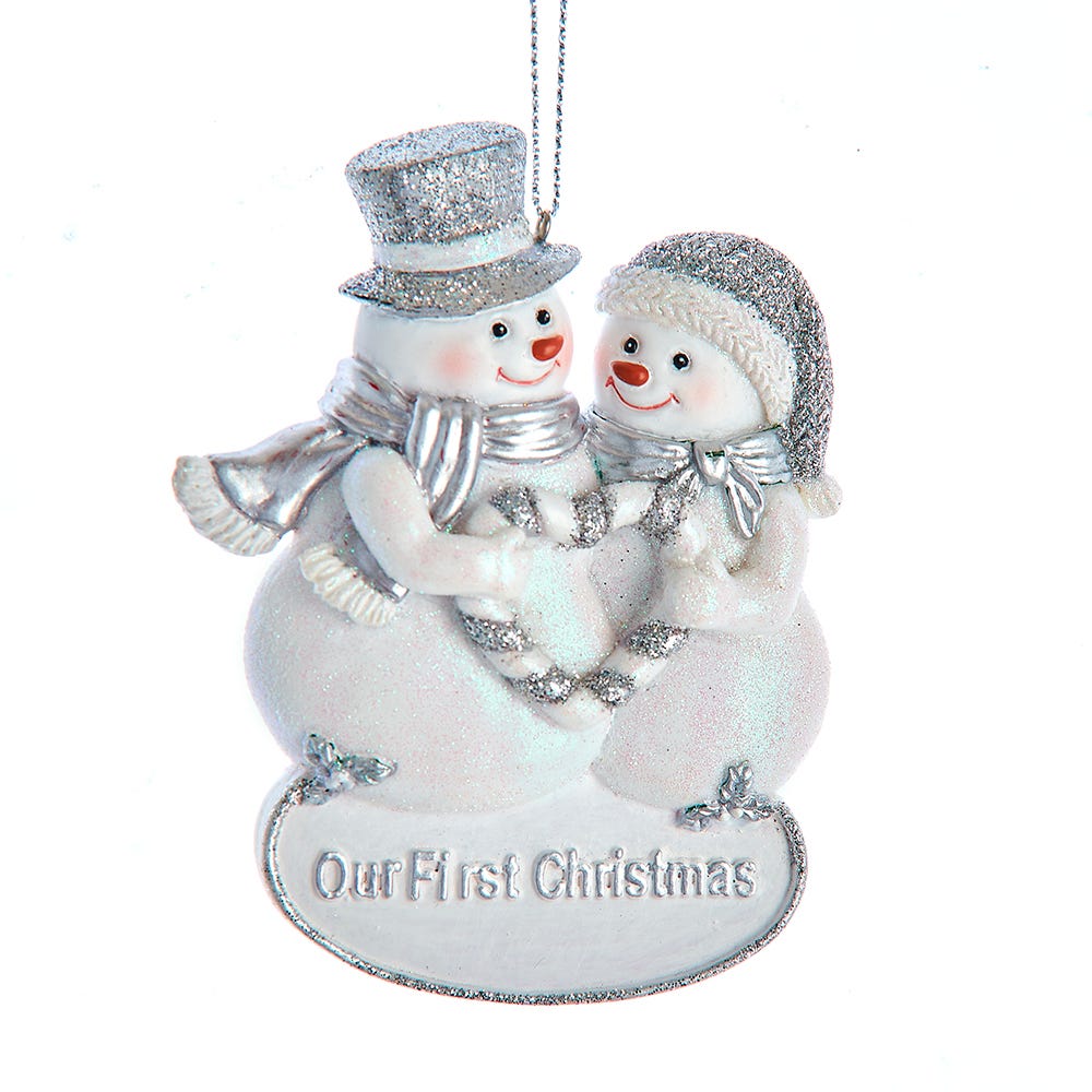 3.25" White/Silver Our 1st Christmas Snowman Couple Ornament #E0892