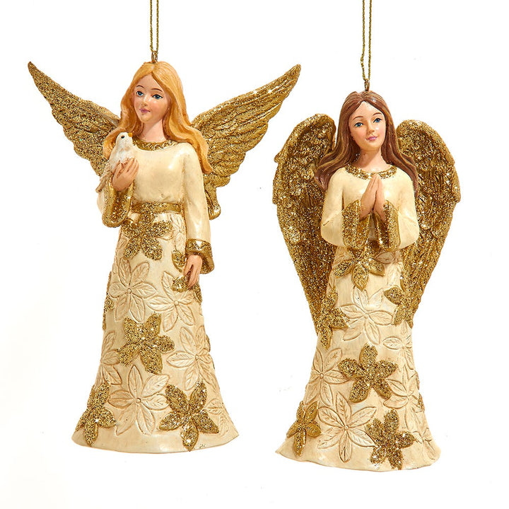 5.25" Ivory & Gold Angel with Dove Ornament, 2 Assorted #E0943