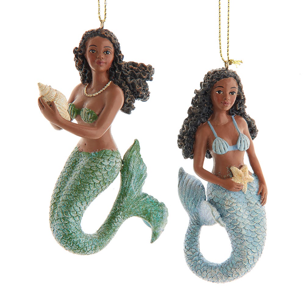 4" Black Mermaid Ornament in Blue/Green, 2 Assorted E0950