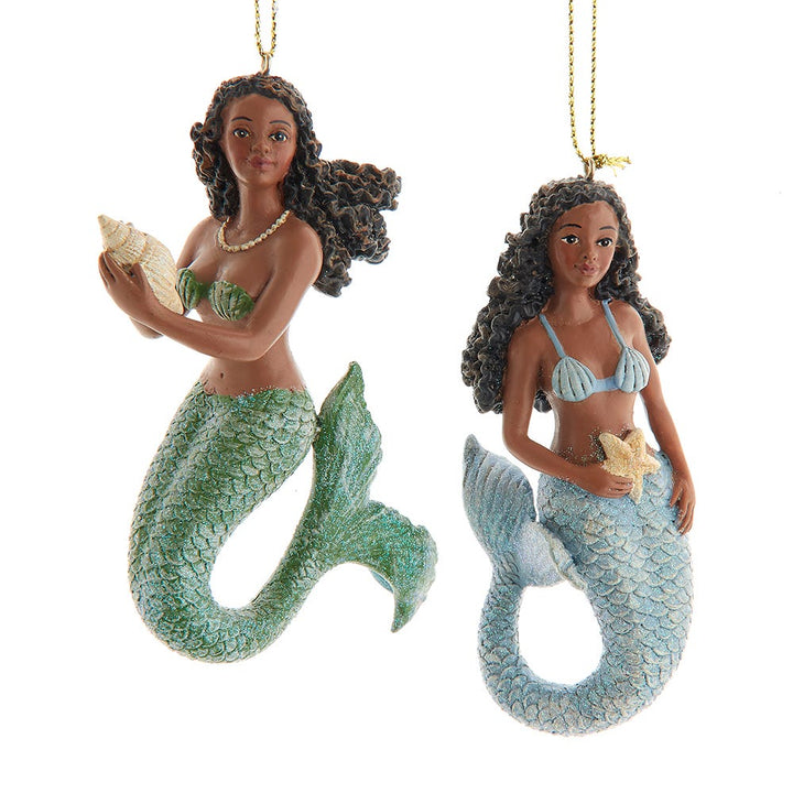 4" Black Mermaid Ornament in Blue/Green, 2 Assorted E0950