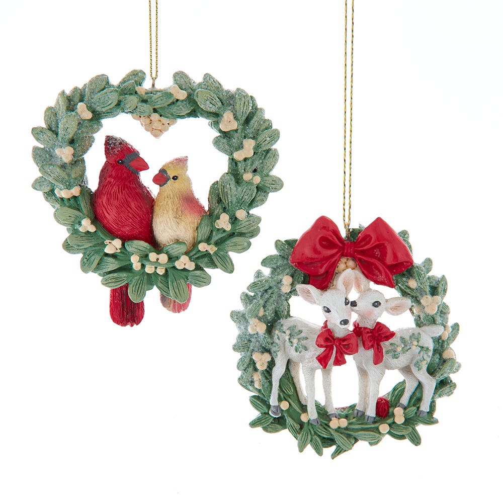 4" Mistletoe Wreath with Cardinal/Deer Couple Ornament, 2 Assorted E1017