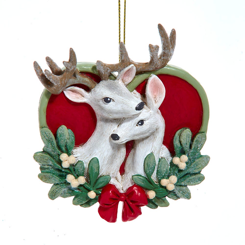 4" Deer Couple on Heart with Mistletoe Ornament E1019