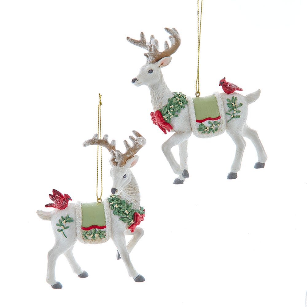 4.75" Mistletoe Kisses Standing Reindeer with Cardinal Ornament, 2 Assorted E1021