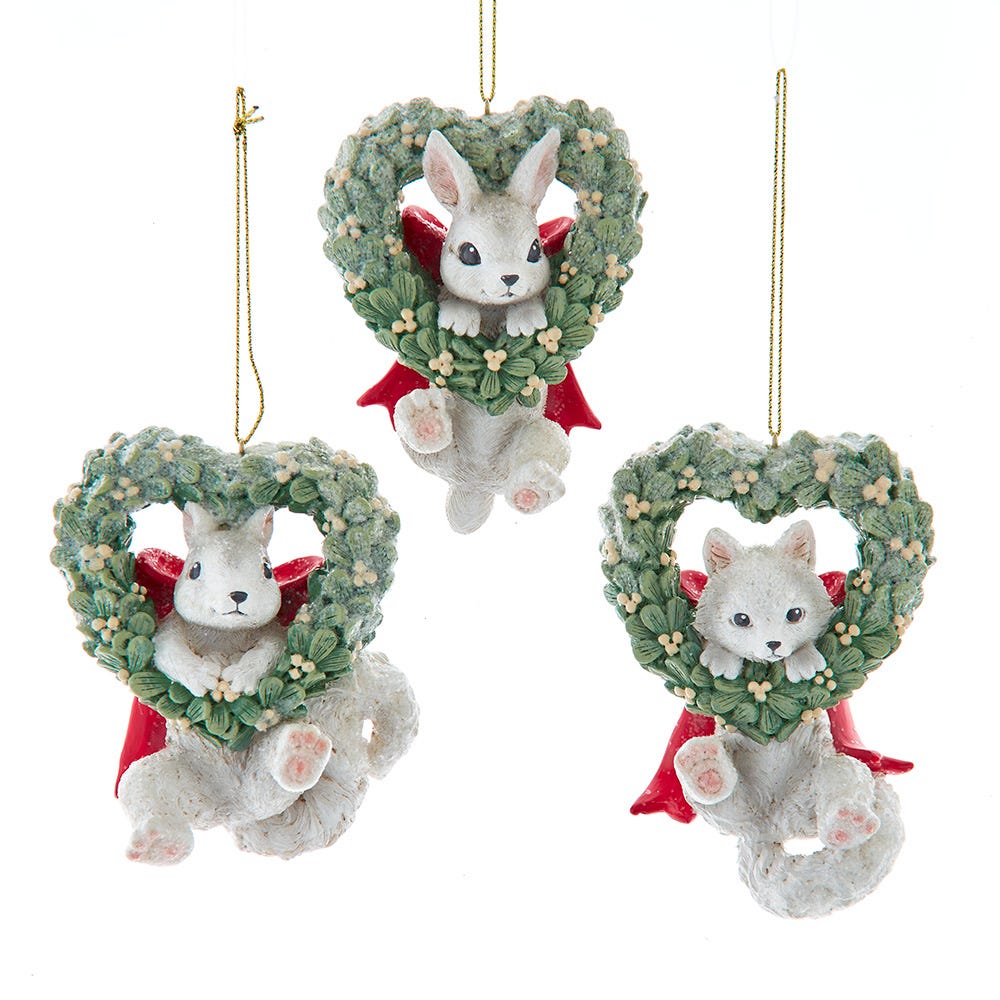 4" Baby Bunny/Fox/Squirrel Hanging on Mistletoe Wreath Ornament, 3 Assorted E1022