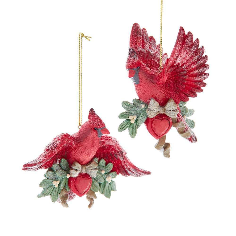 4.25" Red Cardinal on Mistletoe Branch with Red Heart Ornament, 2 Assorted E1025