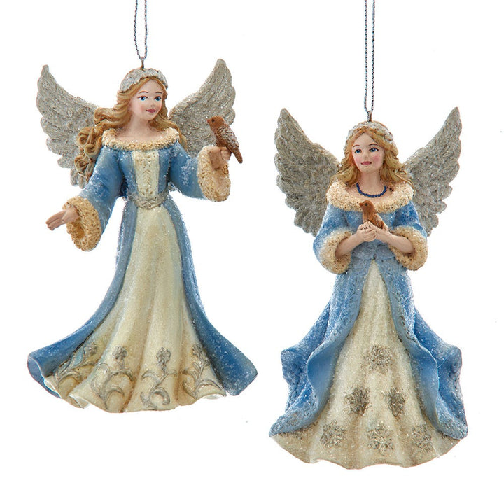 4.5" Blue Platinum Angel with Bird Ornament, 2 Assorted E1031