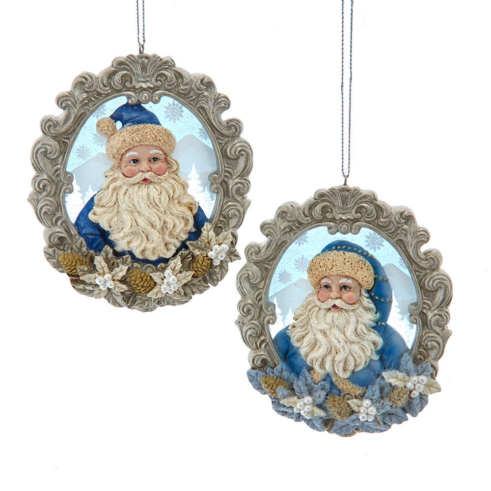 4.25" Blue Platinum Santa in Frame Ornament, 2 Assorted E1034