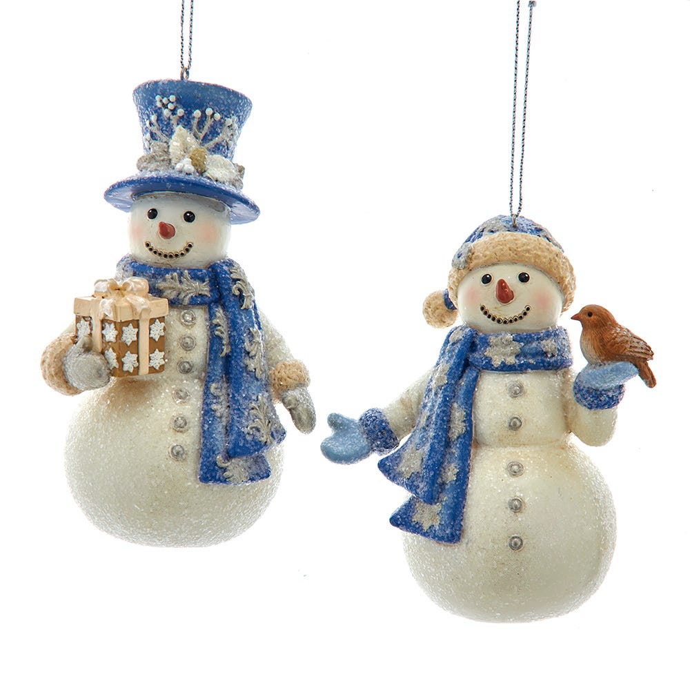 4" Blue Platinum Snowman with Scarf & Hat Ornament, 2 Assorted E1035