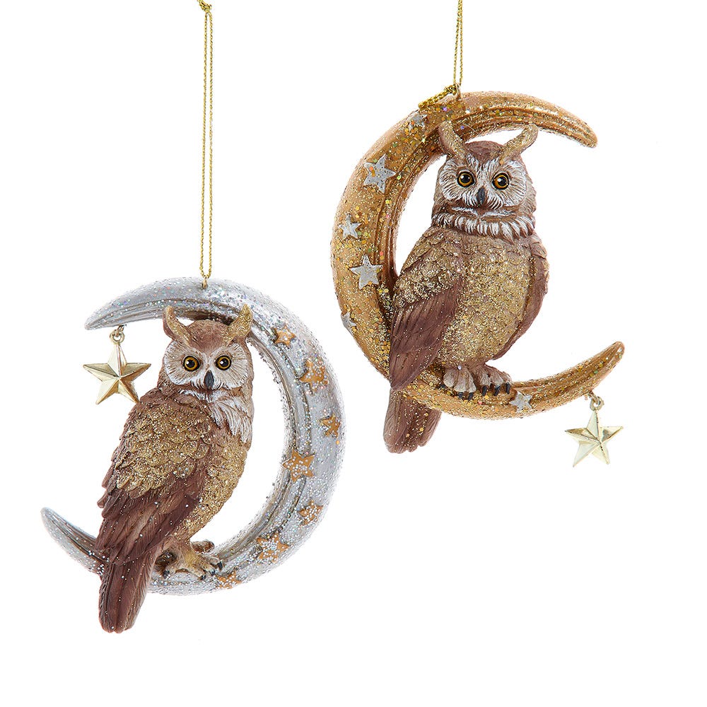 4" Owl on Silver/Gold Moon Ornament, 2 Assorted E1038