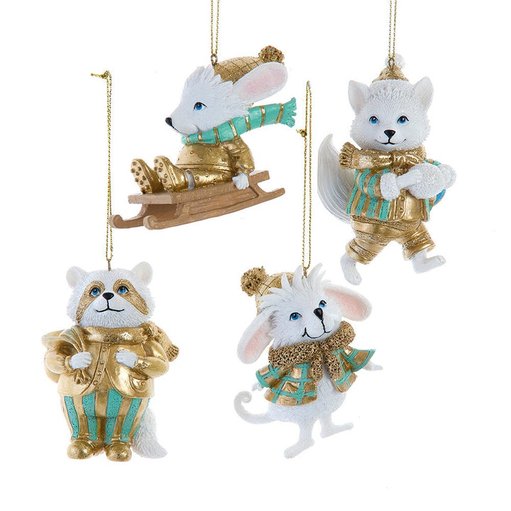 3.5" Aqua & Gold Winter Animal Ornament, 4 Assorted E1044