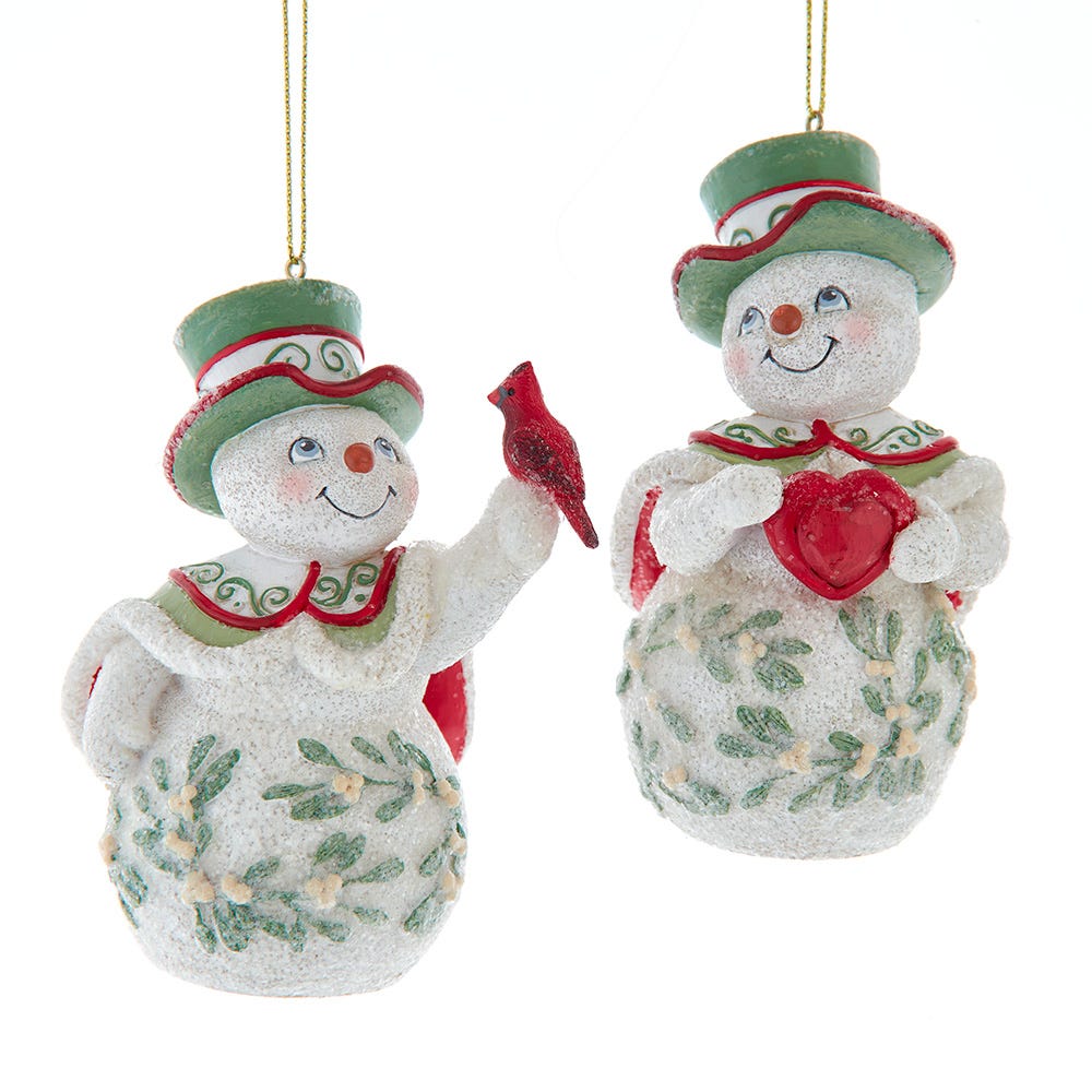 4" Mistletoe Snowman wih Heart/Cardinal Ornament, 2 Assorted E1070