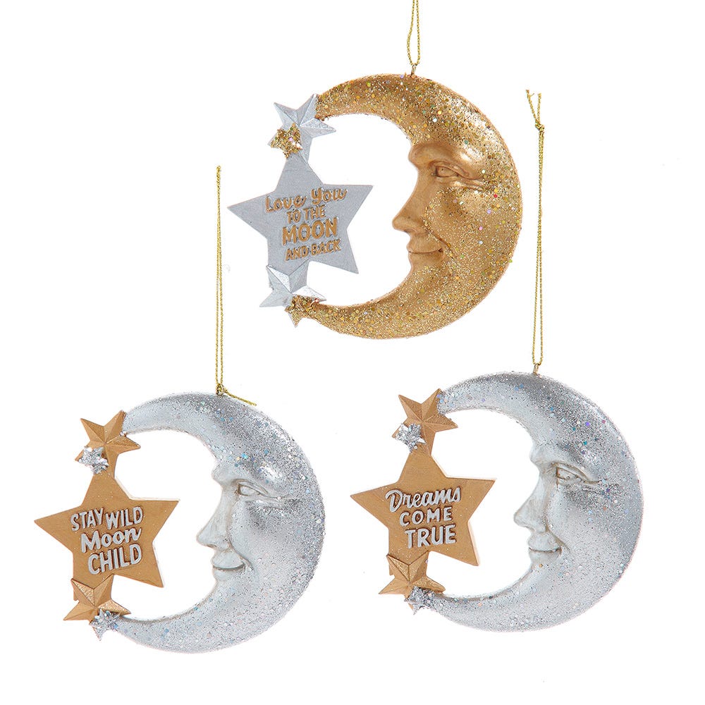 3.63" Silver and Gold Moon/Star with Wording Ornament, 3 Assorted E1095