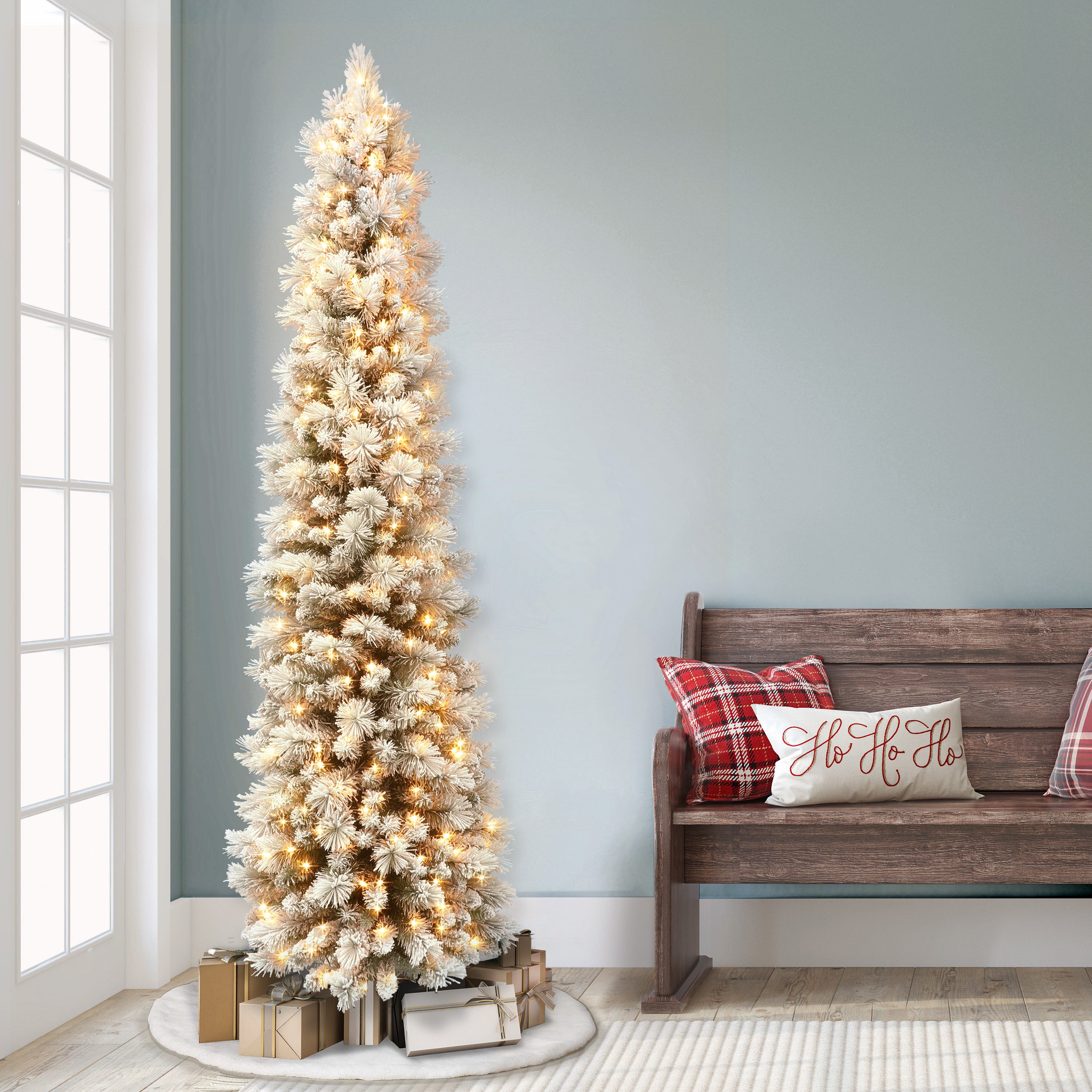 6.5ft Pre-Lit Flocked Pine Pencil Tree