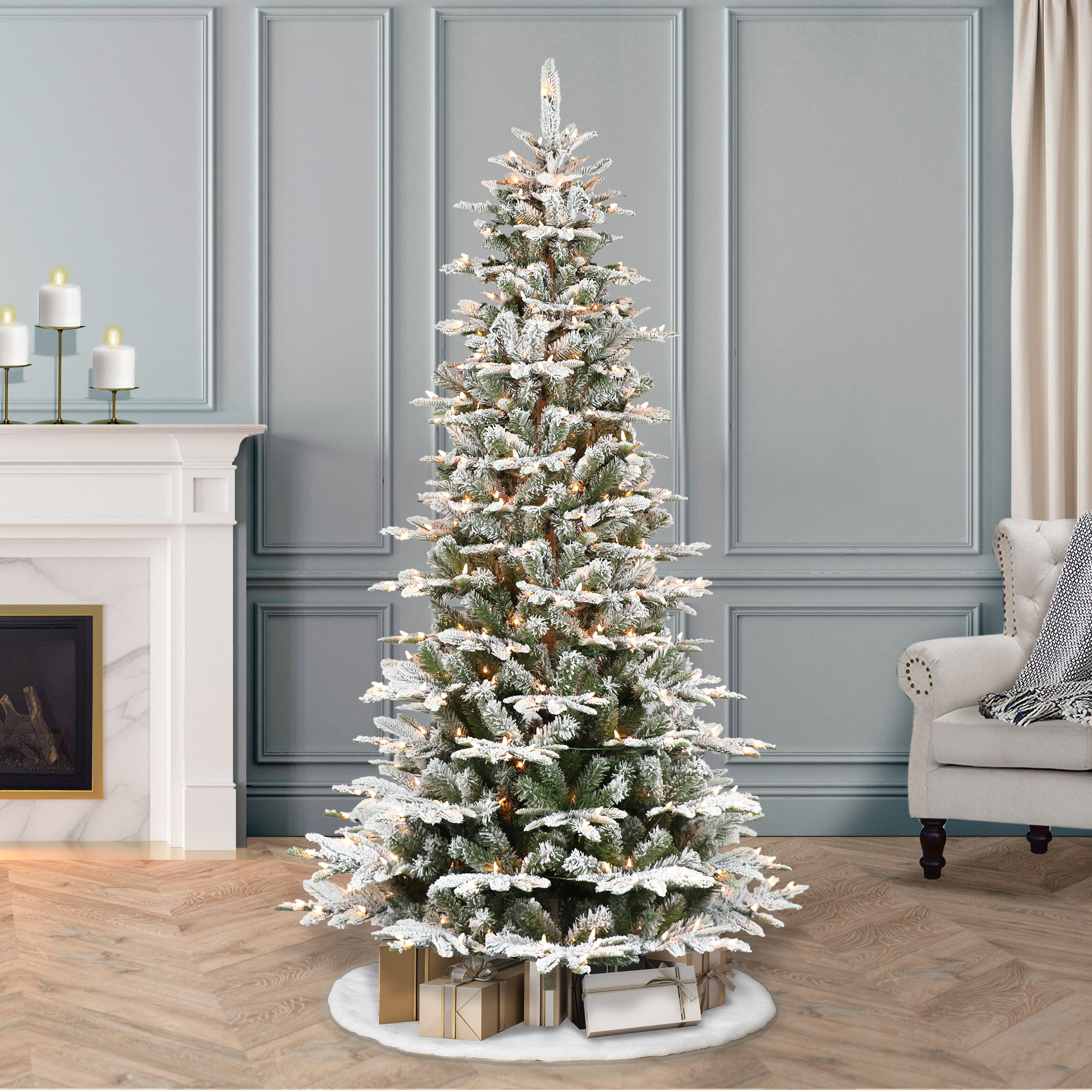 6.5ft Pre-Lit Slim Flocked Aspen Fir Christmas Tree