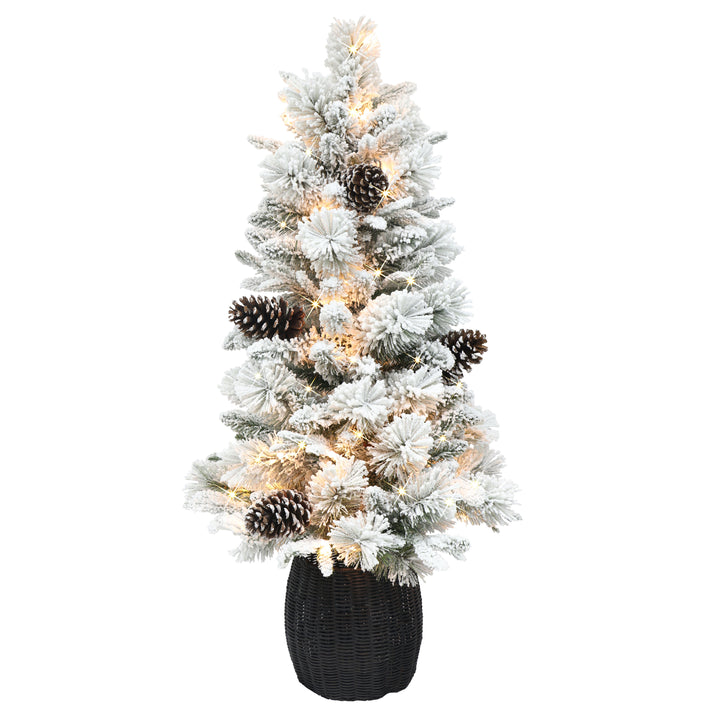 4.5 ft Pre-lit Flocked Potted Tree 382 Tips 100 UL Clear Lights Plastic Rattan-look Base 01062A-STF45C1