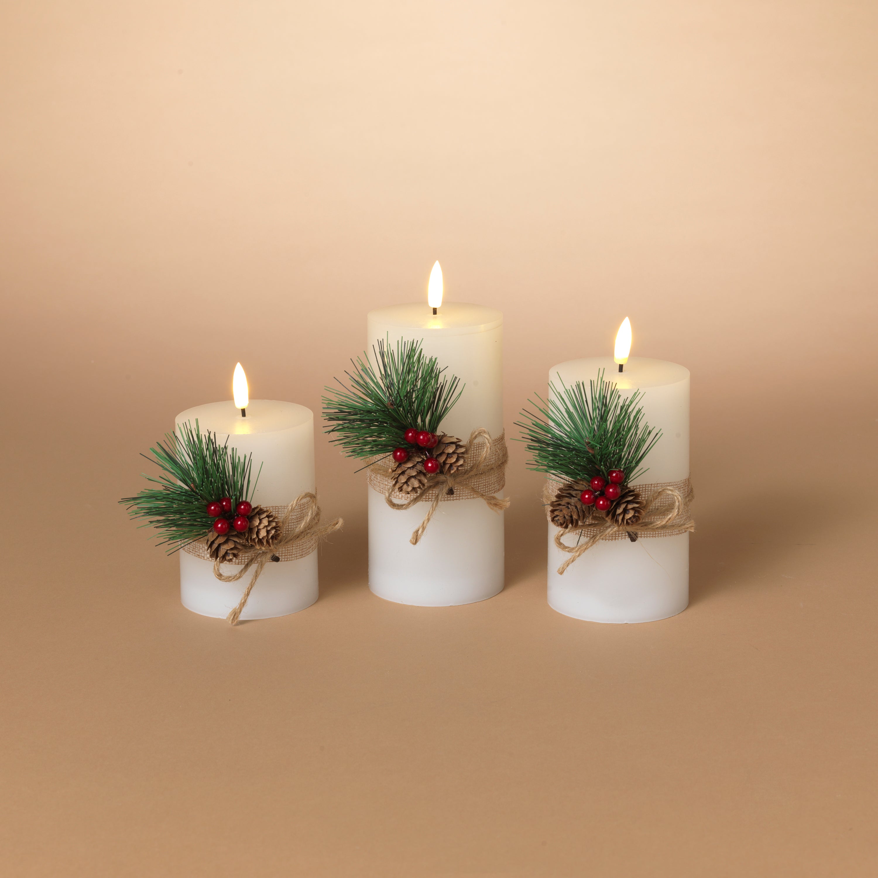 Estate style Battery Operated Lighted LED Flameless Wax  Candles with Berries and Pinecones 2742610EC