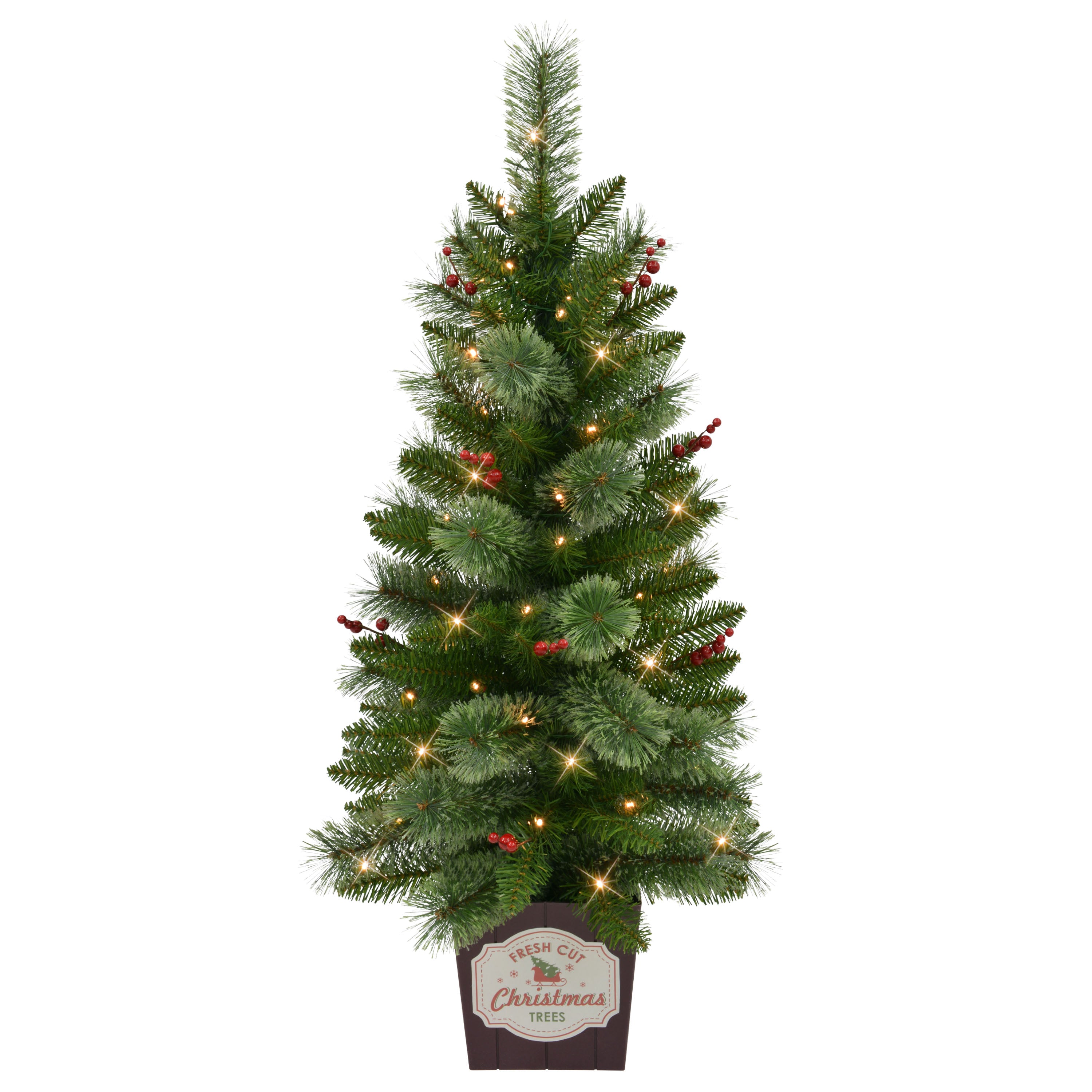 Set of 2 Artificial Cashmere Pre-Lit Battery-Operated Potted Christmas Trees with Berries 51038-ST35LW035A-2-BO