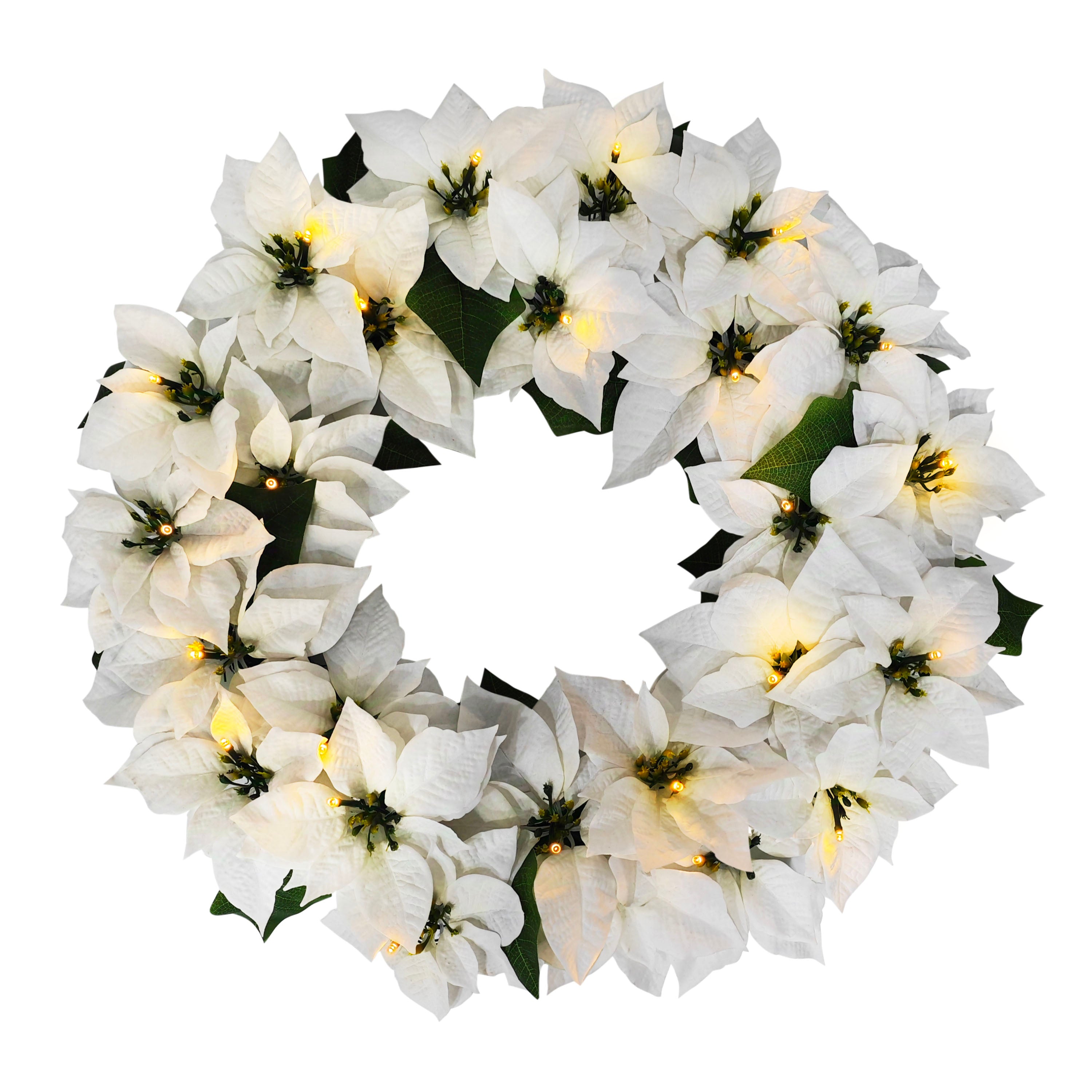 24" Pre-Lit Battery-Operated Artificial White Poinsettia Wreath 51068-W24WHLW025A-BO
