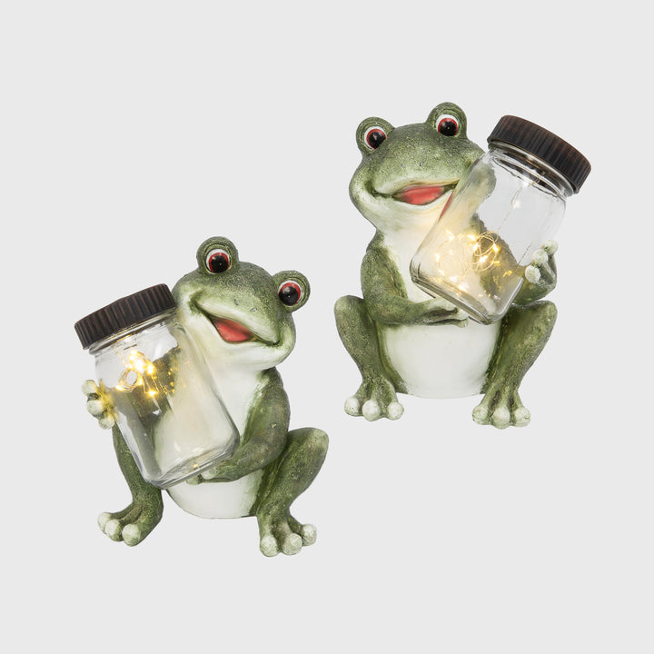 8.6 Inch Outdoor Solar Lighted Resin Frog with Glass Jar Set of 2 2573020EC