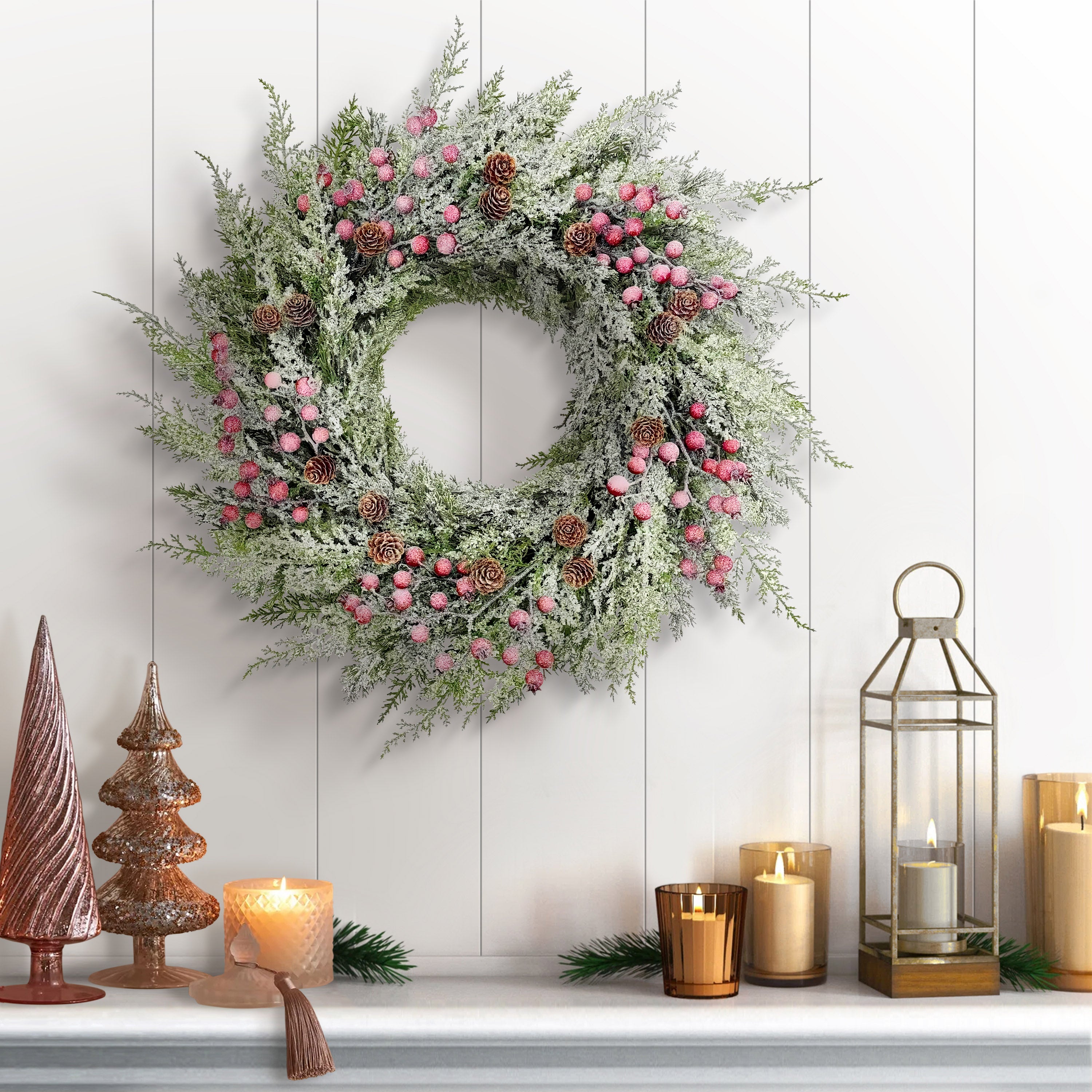 24" Pre-Lit Flocked Wreath Adorned