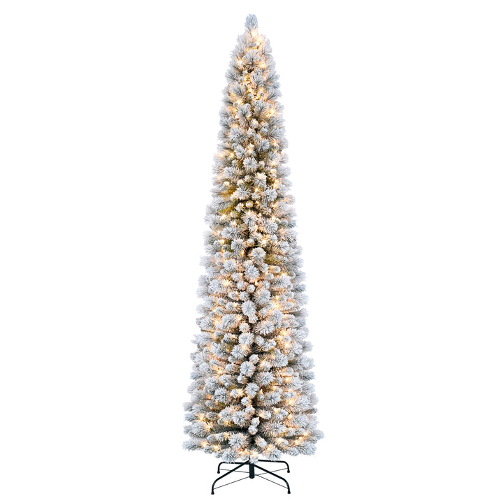 6.5 ft Pre-Lit Flocked Portland Pine Pencil Artificial Christmas Tree with 300 UL Clear Lights Metal Stand Green TFPA-8305-65C3