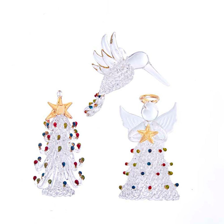 Kurt Adler 3-Inch Spun Glass Angel, Tree and Bird Ornaments 3-Piece Set