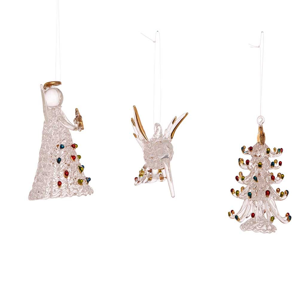 Kurt Adler 3-Inch Spun Glass Angel, Tree and Bird Ornaments 3-Piece Set