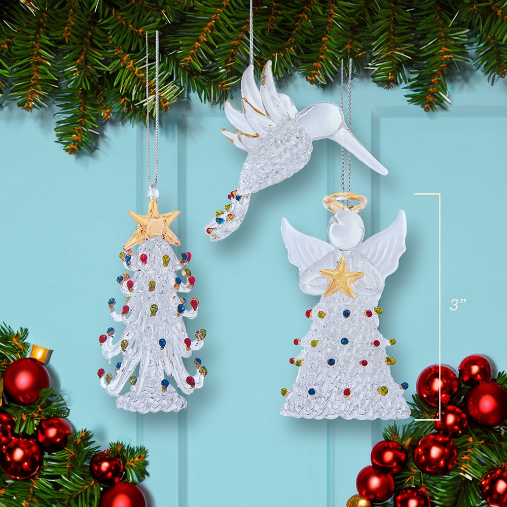 Kurt Adler 3-Inch Spun Glass Angel, Tree and Bird Ornaments 3-Piece Set