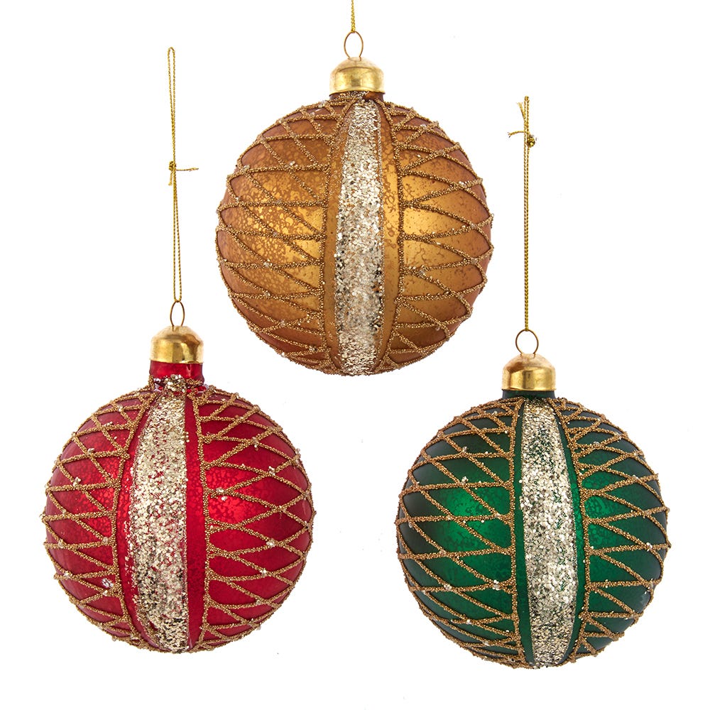 100mm Glass Red/Green/Gold Glitter Ball Ornament, 3 Assorted #F2192