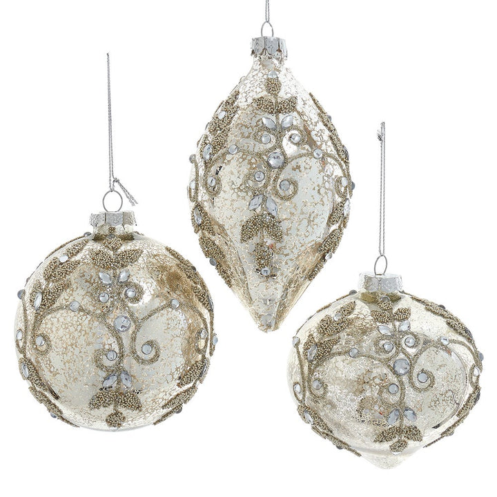 4" Mercury Glass Ball/Drop/Onion Ornament, 3 Assorted #F2276