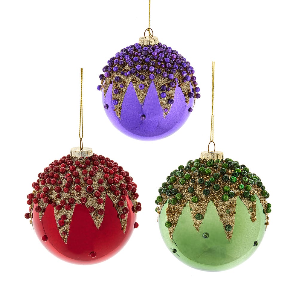4" Glass Shiny Red/Purple/Green Bead Ball Ornament, 3 Assorted F2291
