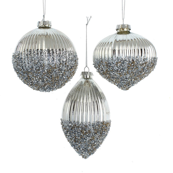 4" Glass Silver Ball/Onion/Drop Ornament, 3 Assorted #F2311