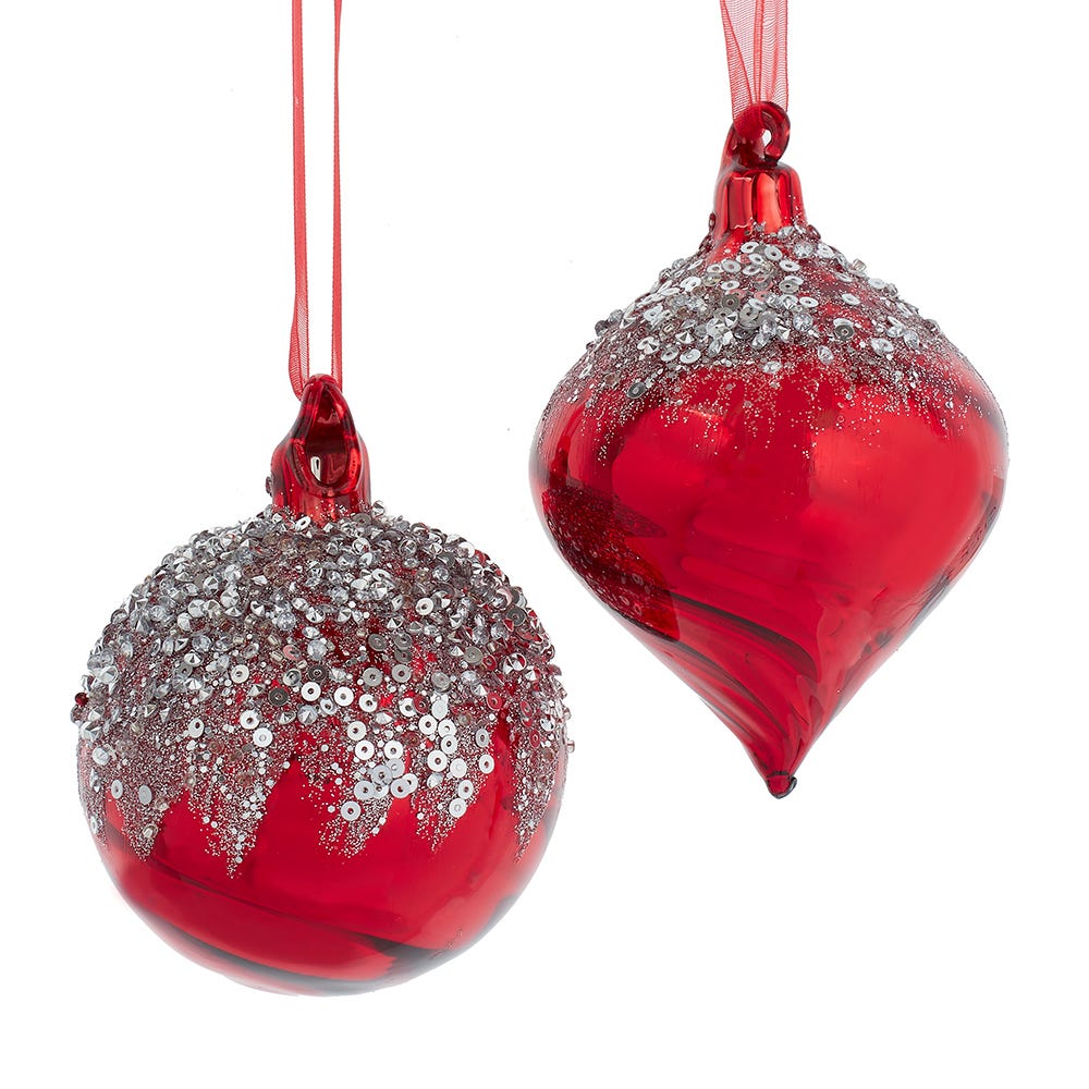 3" Shiny Red with Silver Glitter Ball/Onion Ornament, 2 Assorted #F2312