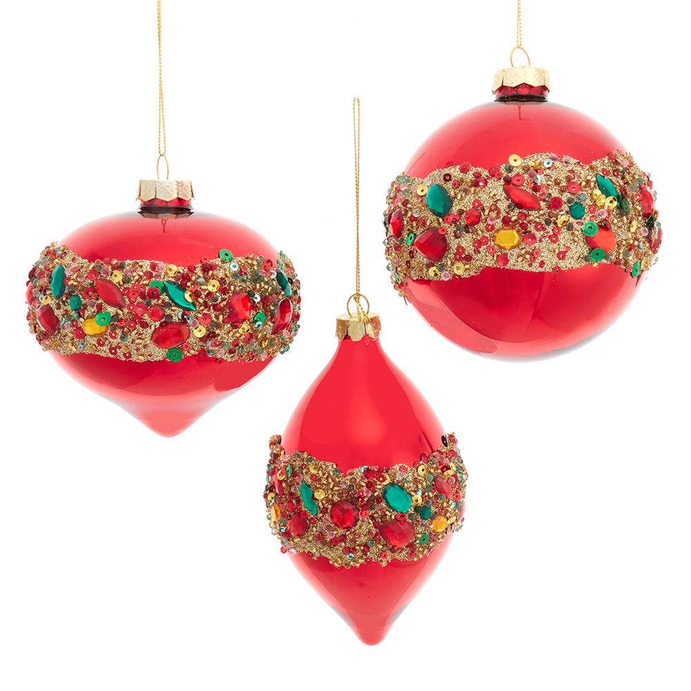 4" Shiny Red Glass Ball/Onion/Drop Ornament, 3 Assorted #F2347